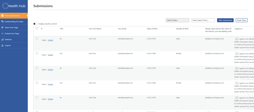 Insurance intermediary dashboard for health pre-screening before insurance applications.