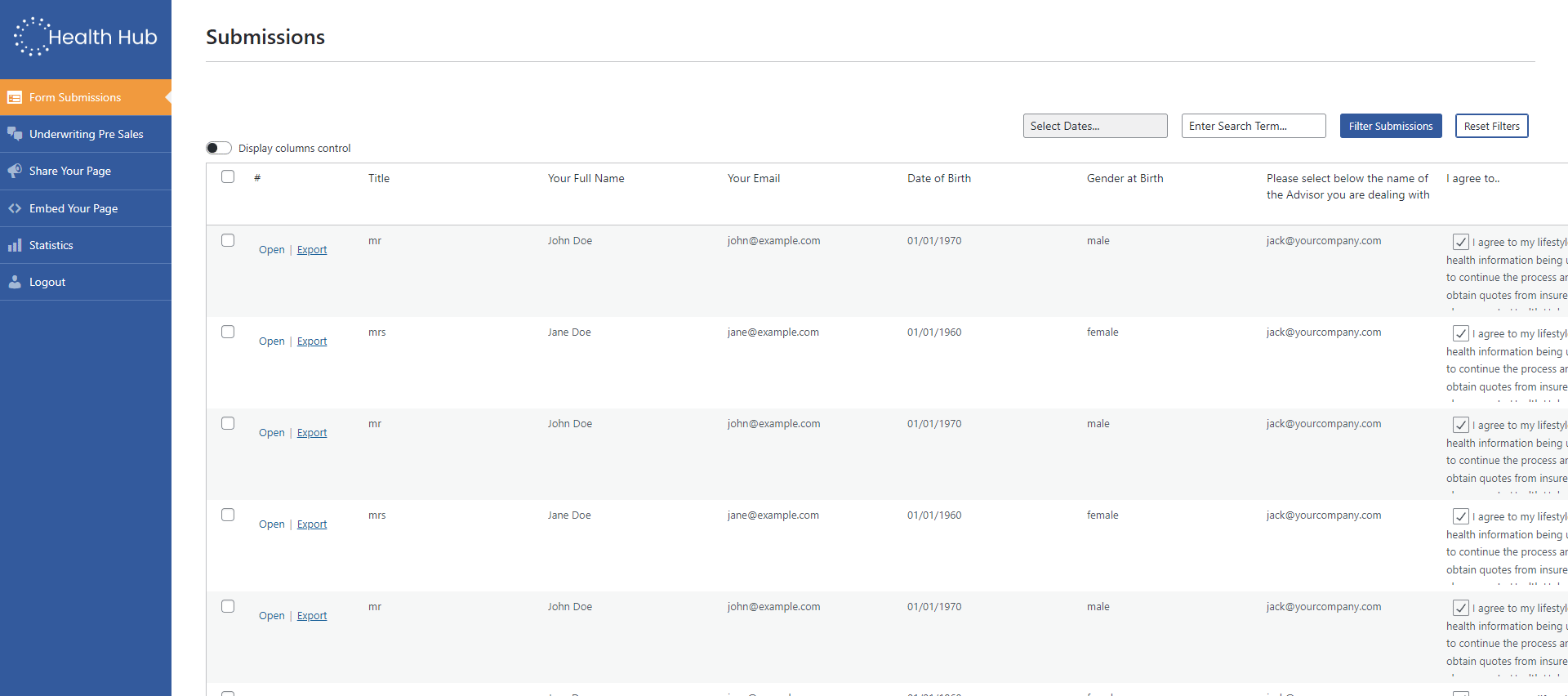 Insurance intermediary dashboard for health pre-screening before insurance applications.