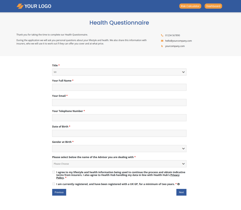 Insurance Application Health Pre-Screening Questionnaire